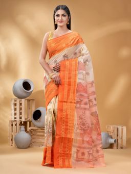 DESH BIDESH - Orange Shakuntala Design Printed Tant Handloom Saree without Blouse