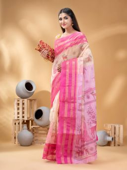 DESH BIDESH - Pink Shakuntala Design Printed Tant Handloom Saree without Blouse