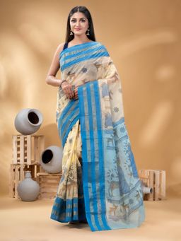 DESH BIDESH - Blue Shakuntala Design Printed Tant Handloom Saree without Blouse