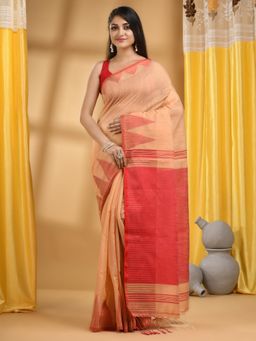 DESH BIDESH - Beige Bengali Tant Pure Cotton Woven Saree with Unstitched Blouse