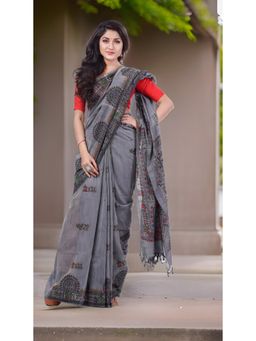 DESH BIDESH - Grey Pure Cotton Tribal Art Warli Printed Handloom Saree with Unstitched Blouse