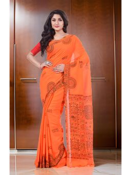 DESH BIDESH - Orange Pure Cotton Tribal Art Warli Printed Handloom Saree with Unstitched Blouse