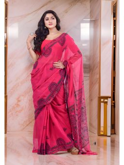 DESH BIDESH - Pink Pure Cotton Tribal Art Warli Printed Handloom Saree with Unstitched Blouse