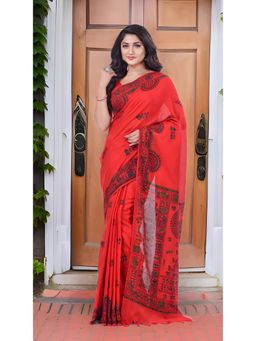 DESH BIDESH - Red Pure Cotton Tribal Art Warli Printed Handloom Saree with Unstitched Blouse
