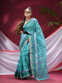 DESH BIDESH - Blue Bengal Tant Tri Leaf Woven Design Saree without Blouse