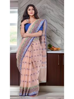 DESH BIDESH - Peach Bengal Tant Tri Leaf Woven Design Saree without Blouse