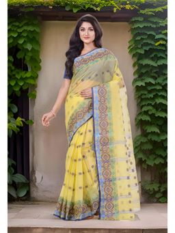 DESH BIDESH - Yellow Bengal Tant Tri Leaf Woven Design Saree without Blouse
