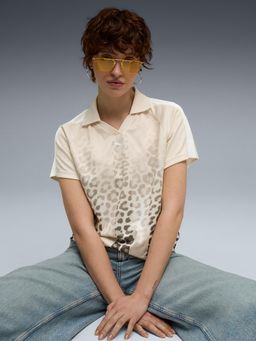 Puma - Women Beige Relaxed Fit Animal Print T-shirt