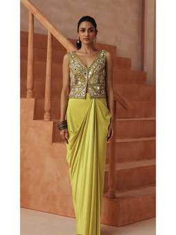 Basanti Kapde aur Koffee - Green Citrine Atelier Embroidered Draped Skirt with Blouse