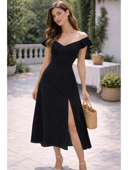NOBARR - Women's Black Solid Off-Shoulder Midi Dress