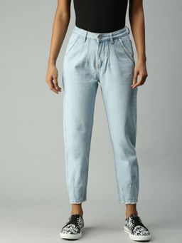 SHOWOFF - Womens Mom Fit Clean Look Blue Jeans