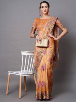 Odette - Mustard Festive Linen Blend Printed Saree with Unstitched Blouse