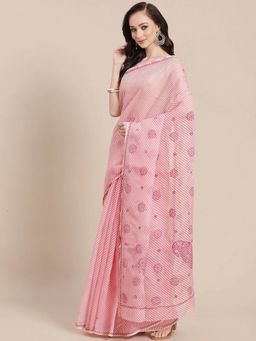 ADA - Hand Embroidered Standard Pink Kota Lucknow Women Chikan Saree with Unstitched Blouse A311349