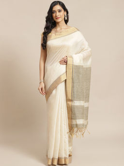 Indethnic - Banarasi Cream Solid Work Wear Saree With Unstitched Blouse