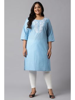Aurelia - Ice Blue Polka Dots & Embroidered Round Neck Plus Size Kurta