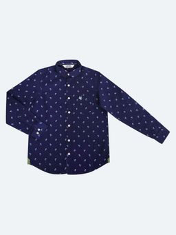 Cantabil - Boys Navy Blue Printed Spread Collar Casual Shirt