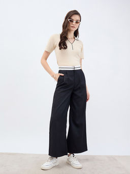 Styli - Women Black Wide Leg Pant with Cut and Sew Constructive Waistband
