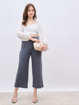 Styli - Women High Waits Wide Leg Cropped Invisible Waist Grey Casual Trouser
