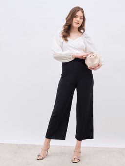 Styli - Women High Waits Wide Leg Cropped Invisible Waist Black Casual Trouser