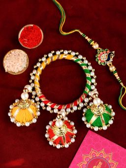 Shoshaa - Bhai Bhabhi Peacock Rakhi and Multi Beaded Bangle and Roli Chawal (Set of 3)
