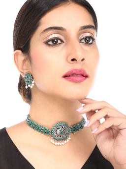 Yellow Chimes - Stones Studded Peacock Design Choker Necklace (Set of 2)