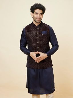 Manyavar - Mens Blue Velvet Embroidered Jacket
