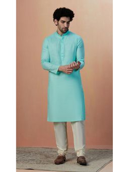 Manyavar - Mens Teal Cotton Solid Kurta Pyjama (Set of 2)