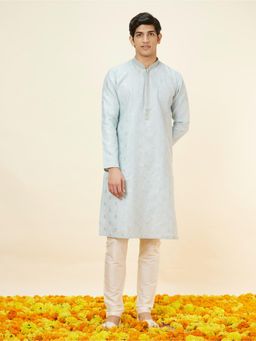 Manyavar - Mens Blue Blended Cotton JACQUARD Kurta Pyjama (Set of 2)