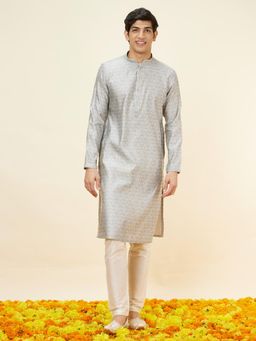 Manyavar - Mens Grey Blended Viscose JACQUARD Kurta Pyjama (Set of 2)