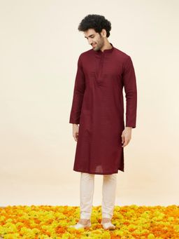 Manyavar - Mens Maroon Cotton Solid Kurta Pyjama (Set of 2)
