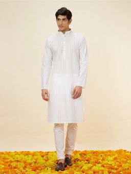 Manyavar - Mens White Cotton Self Design Kurta Pyjama (Set of 2)