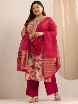 Extra love by Libas - Plus Size Women Red Printed Silk Blend Straight Kurta Sets for Women