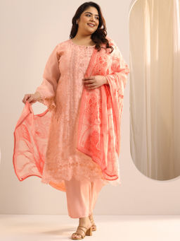 Extra love by Libas - Peach Embroidered Organza Straight Kurta Sets for Women