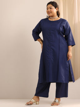 Extra love by Libas - Navy Blue Solid Cotton Blend Straight Kurta Sets for Women
