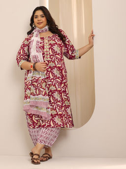 Extra love by Libas - Plus Size Women Red Printed Cotton Straight Kurta Sets for Women