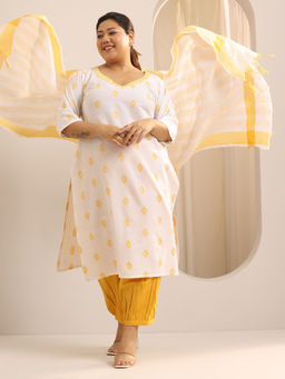 Extra love by Libas - Off White Woven Design Straight Cotton Blend Kurta Sets for Women