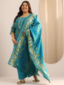 Extra love by Libas - Blue Printed Silk Blend Straight Kurta Sets for Women