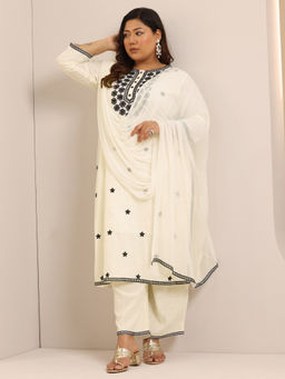 Extra love by Libas - Plus Size Women Off White Embroidered Cotton Straight Kurta Sets for Women