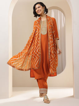 Libas - Rust Embroidered Kurta with Salwar with Dupatta (Set of 3)