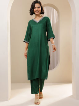 Libas - Green Woven Design Printed Straight Kurta with Pant (Set of 2)