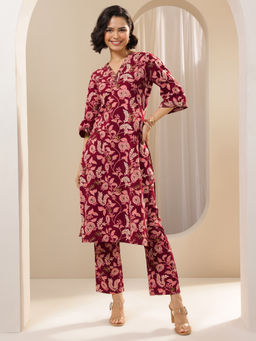 Libas - Maroon Floral Printed Straight Kurta with Pant (Set of 2)