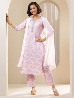 Libas - Pink Floral Printed Straight Kurta with Pant & Dupatta (Set of 3)