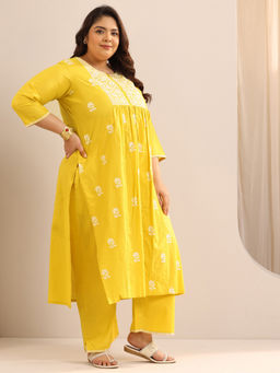 Extra love by Libas - Plus Size Women Yellow Embroidered Cotton A-Line Kurta Sets for Women