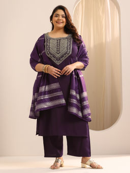 Extra love by Libas - Plus Size Women Wine Yoke Design Straight Silk Blend Kurta Sets for Women