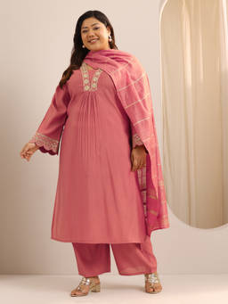 Extra love by Libas - Plus Size Women Peach Yoke Design Silk Blend Straight Kurta Sets for Women