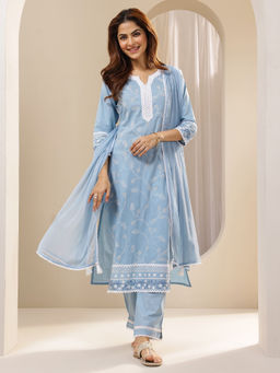 Libas - Blue Floral Embroidered Straight Kurta with Pant & Dupatta (Set of 3)