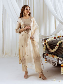 Autumnlane - Women Beige Bakul Misri Full Work Kurta with Pant & Dupatta (Set of 3)
