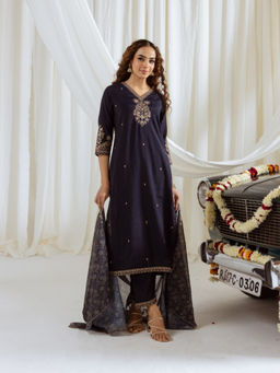 Autumnlane - Women Navy Blue Bakul Taupe Full Work Kurta with Pant & Dupatta (Set of 3)
