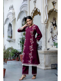 Autumnlane - Women Magenta Embroidered Cotton Kurta with Pant & Dupatta (Set of 2)