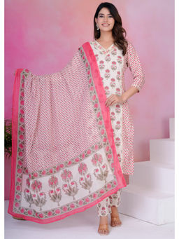 Autumnlane - White Tanvi Pearl Printed Cotton Kurta with Pant & Dupatta (Set of 3)